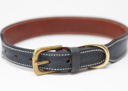 Blue Leather Dog Collar With White Stitching