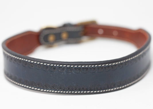 Blue Leather Dog Collar With White Stitching