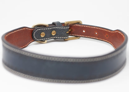 Blue Leather Dog Collar With White Stitching