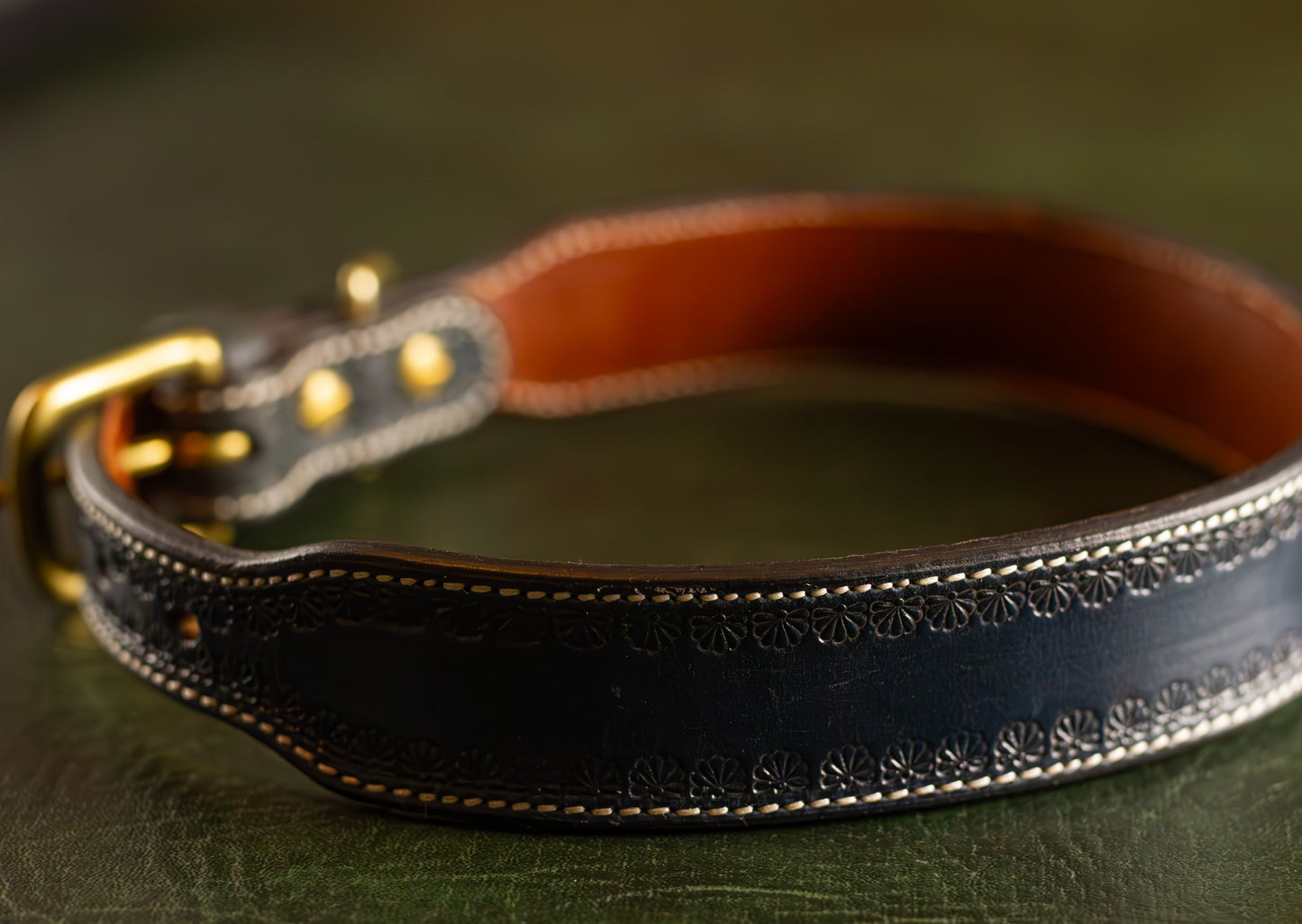 Blue Leather Dog Collar With White Stitching